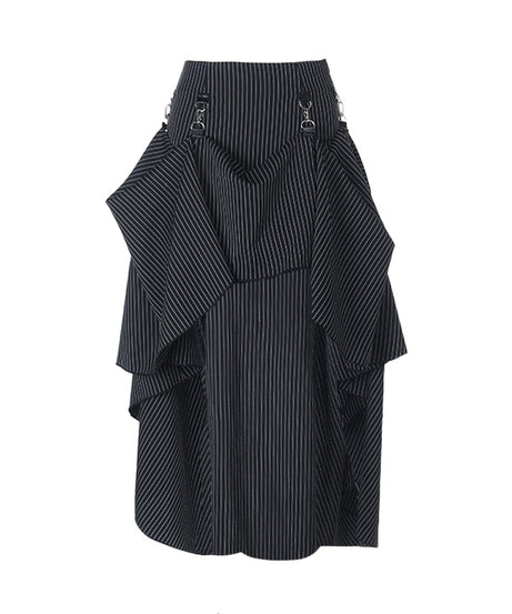Gothic Pinstripe High-Low Skirt with Buckle Accents - Elevate Your Halloween & Fall Style