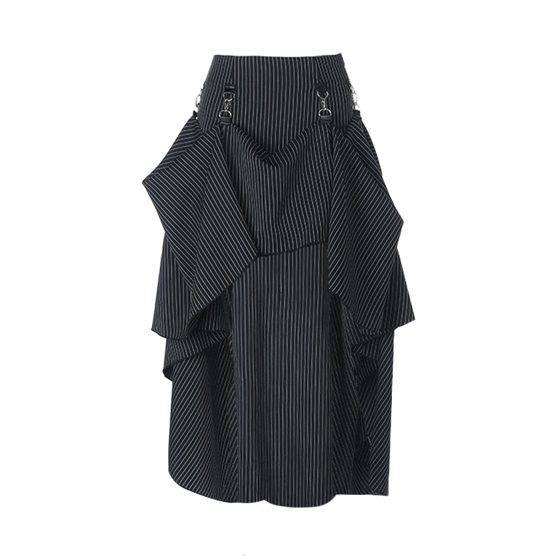 Gothic Pinstripe High-Low Skirt with Buckle Accents - Elevate Your Halloween & Fall Style