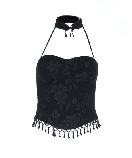 Dark Romance Brocade Halter Corset Top with Beaded Fringe - Halloween & Fall Goth Essential