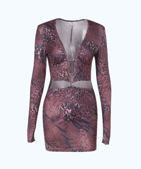 Fierce Animal Print Deep V Cutout Mini Dress - Long Sleeve Bodycon for Fall Nights