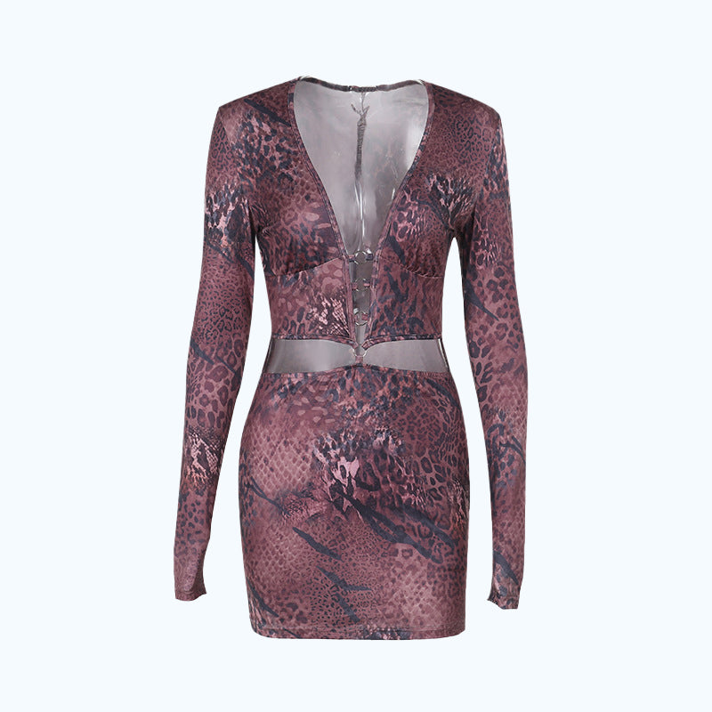 Fierce Animal Print Deep V Cutout Mini Dress - Long Sleeve Bodycon for Fall Nights