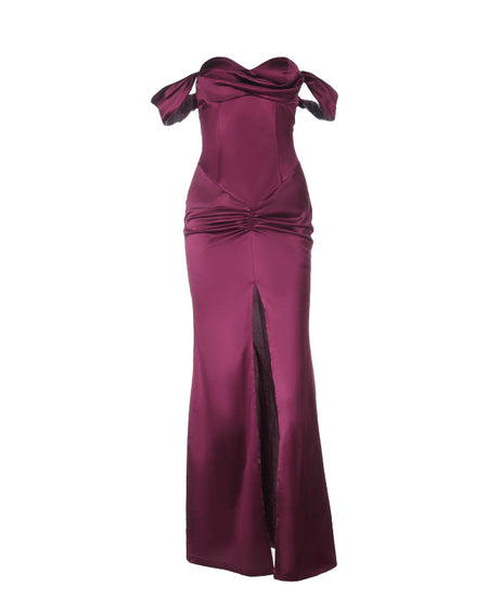 Enchanting Plum Satin Off-Shoulder Maxi Gown with Thigh Slit - Perfect for Fall Galas & Holiday Parties