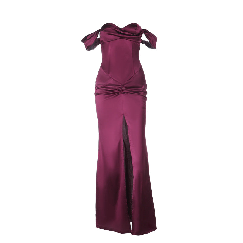 Enchanting Plum Satin Off-Shoulder Maxi Gown with Thigh Slit - Perfect for Fall Galas & Holiday Parties