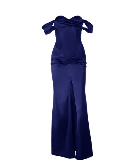 Enchanting Plum Satin Off-Shoulder Maxi Gown with Thigh Slit - Perfect for Fall Galas & Holiday Parties