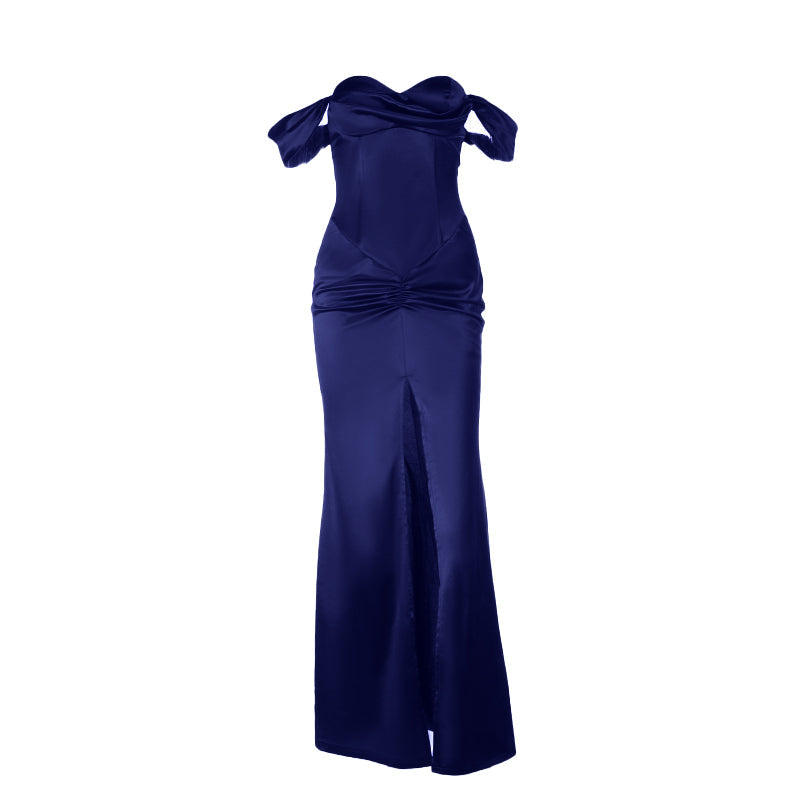 Enchanting Plum Satin Off-Shoulder Maxi Gown with Thigh Slit - Perfect for Fall Galas & Holiday Parties