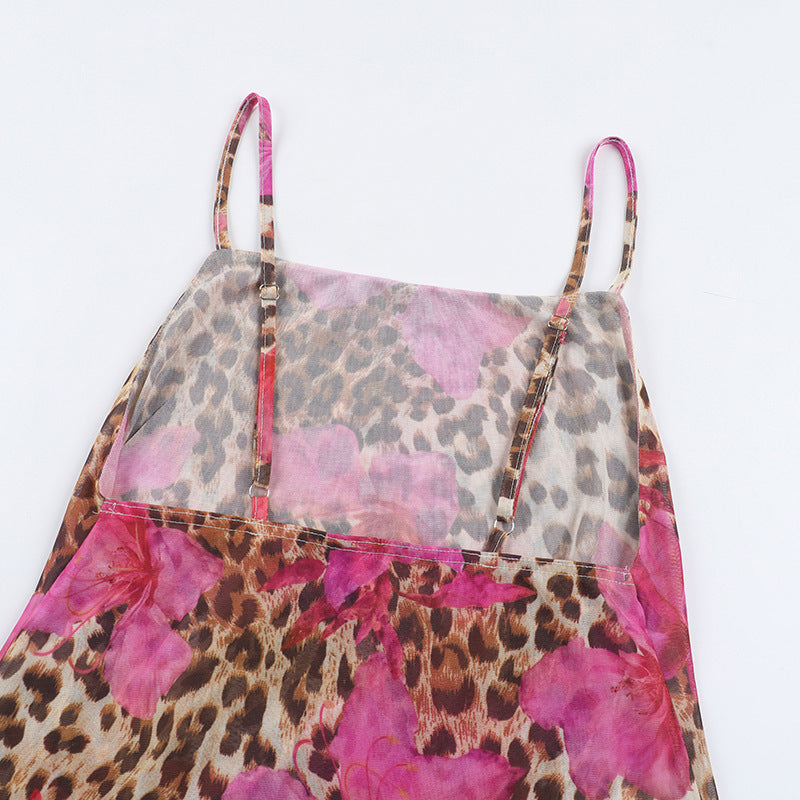 Fierce Pink Leopard Mesh Mini Dress with Chic Choker Tie – Your Ultimate Party & Vacation Statement