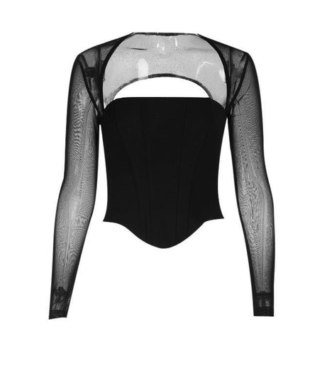 Confident Black Mesh Long Sleeve Corset Top with Daring Cutout - Your Fall & Holiday Party Essential