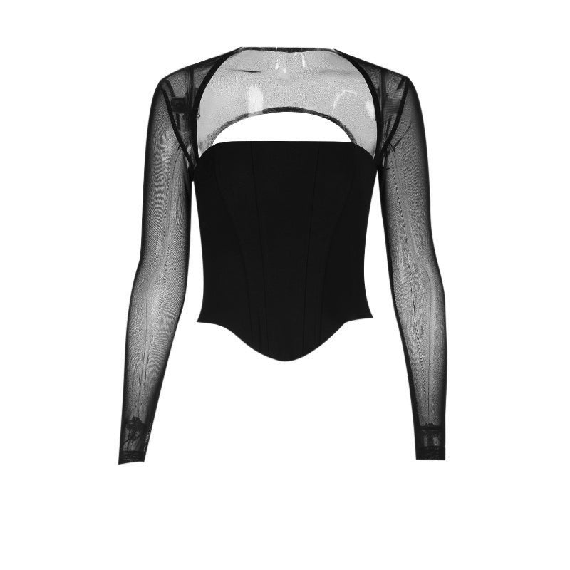 Confident Black Mesh Long Sleeve Corset Top with Daring Cutout - Your Fall & Holiday Party Essential