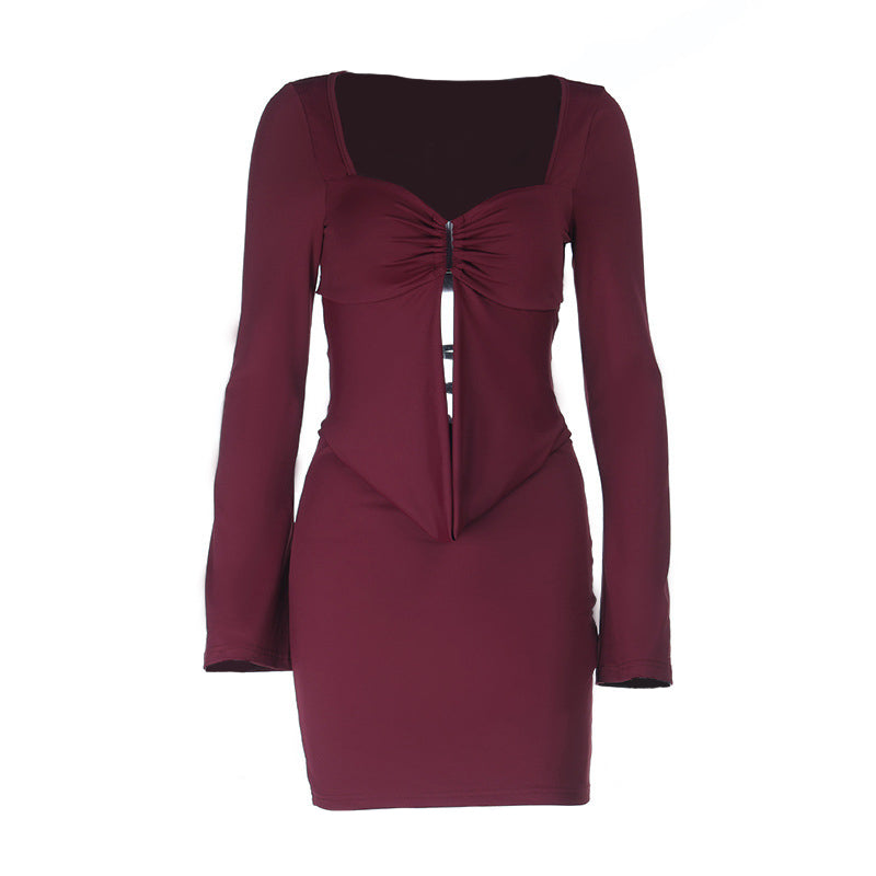 Autumn Glow Burgundy Ruched Front Long Sleeve Mini Dress - Chic Bodycon for Fall & Holiday Parties
