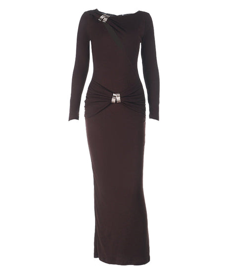 Espresso Elegance: Ruched Long Sleeve Maxi Dress with Glam Embellishments - Your Go-To for Fall & Holiday Parties