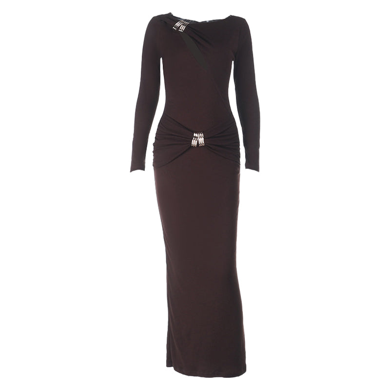 Espresso Elegance: Ruched Long Sleeve Maxi Dress with Glam Embellishments - Your Go-To for Fall & Holiday Parties