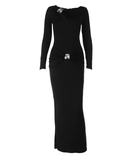 Espresso Elegance: Ruched Long Sleeve Maxi Dress with Glam Embellishments - Your Go-To for Fall & Holiday Parties