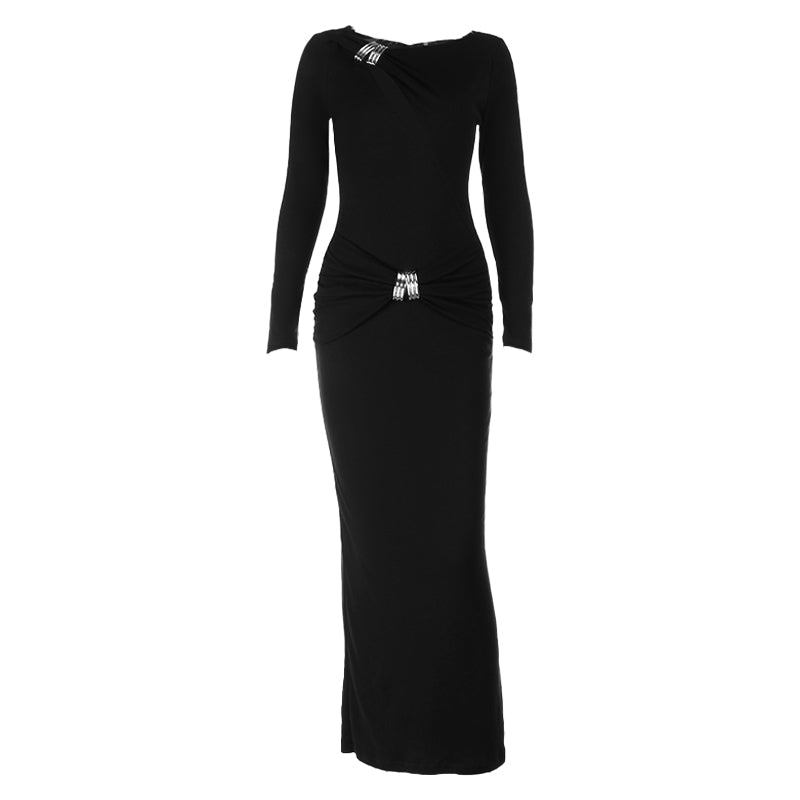Espresso Elegance: Ruched Long Sleeve Maxi Dress with Glam Embellishments - Your Go-To for Fall & Holiday Parties