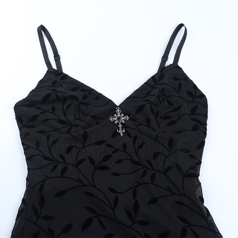 Vampire Chic Velvet Burnout Midi Dress - Gothic Halloween & Fall Party Essential