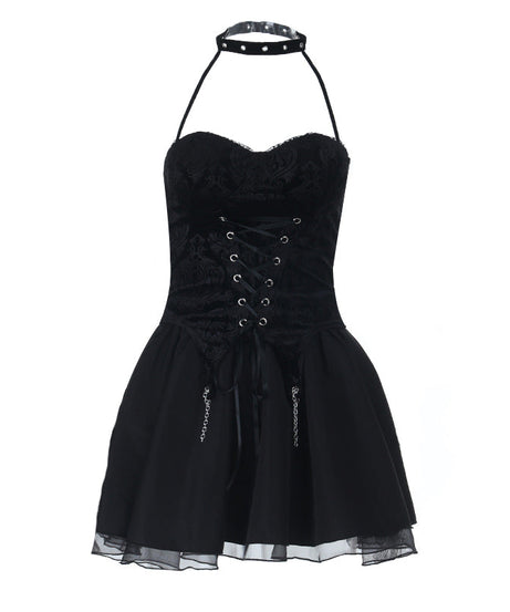 Bewitching Gothic Velvet Halter Corset & Mini Skirt Set - Spooky Season Ready