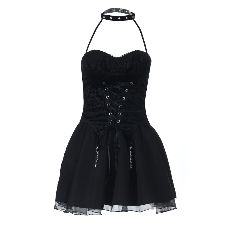 Bewitching Gothic Velvet Halter Corset & Mini Skirt Set - Spooky Season Ready