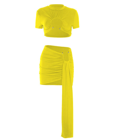 Red Hot Ruched Cutout Crop Top & Draped Mini Skirt Set - Your Fall Night Out & Halloween Party Essential