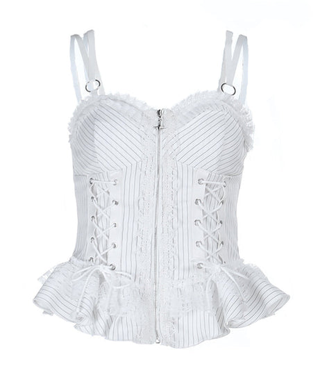 Neo-Victorian Striped Ruffle Corset Top - White Lace-Up Bustier for Halloween & Fall Fashion