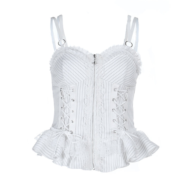 Neo-Victorian Striped Ruffle Corset Top - White Lace-Up Bustier for Halloween & Fall Fashion