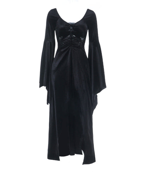 Enchanting Black Velvet Gothic Maxi Dress - Dramatic Slit & Lace-Up Corset | Perfect for Halloween & Fall Parties