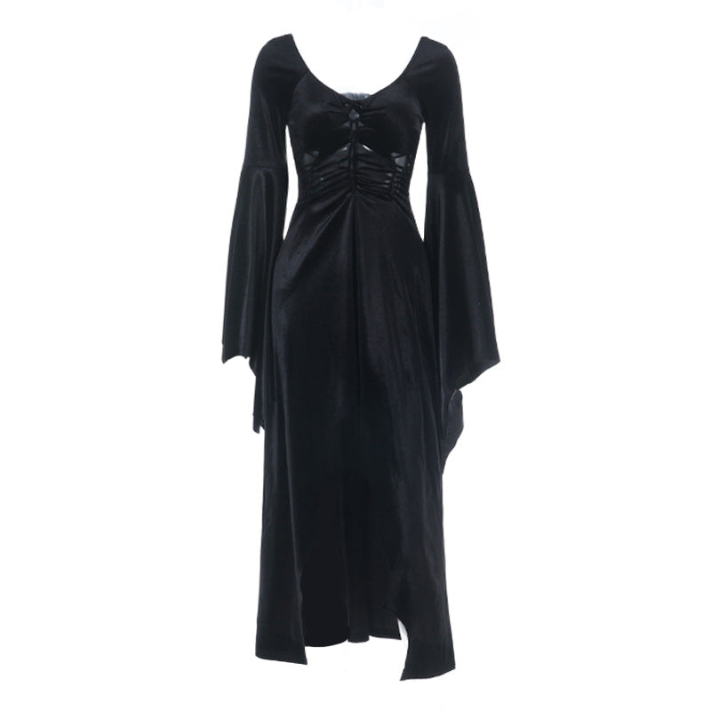 Enchanting Black Velvet Gothic Maxi Dress - Dramatic Slit & Lace-Up Corset | Perfect for Halloween & Fall Parties