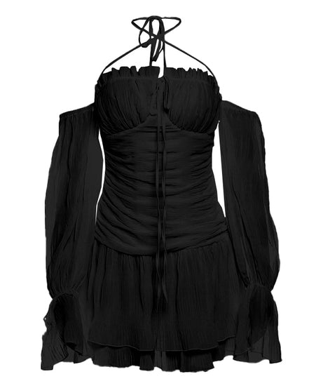 Ethereal Fall Dream: Halter Ruched Mini Dress with Off-Shoulder Flowy Sleeves