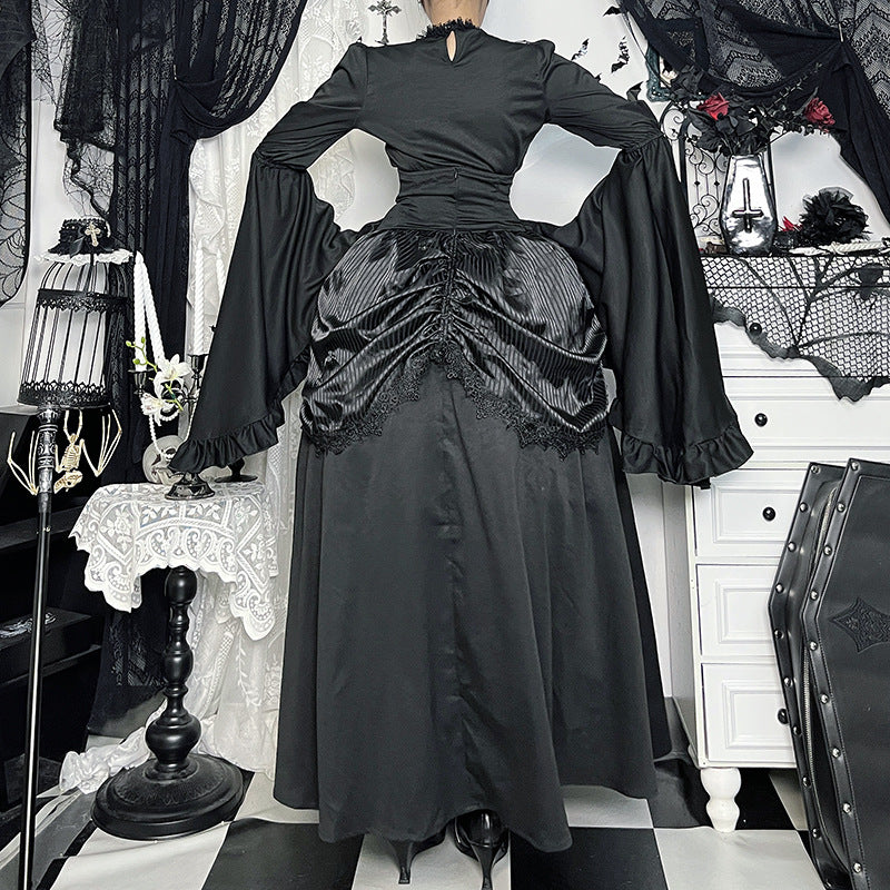 Victorian Gothic Ruffled Maxi Dress - Elegant Black Gown for Halloween, Fall Formals & Dark Academia