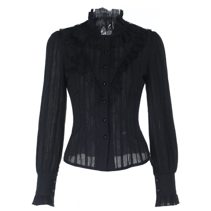 Mystical Midnight Ruffle Blouse - Victorian Goth Button-Down for Fall & Halloween Chic