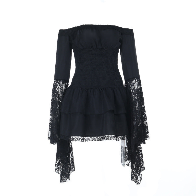Enchanting Gothic Off-Shoulder Mini Dress - Dramatic Lace Bell Sleeves & Ruched Waist for Halloween & Fall