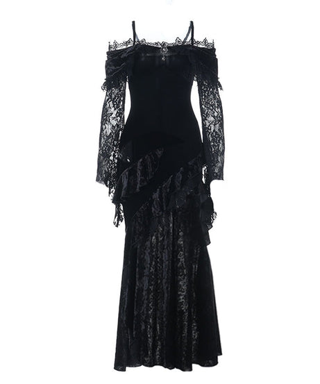 Bewitching Velvet & Lace Off-Shoulder Gown - Dramatic High-Low Hem for Gothic Glamour & Halloween
