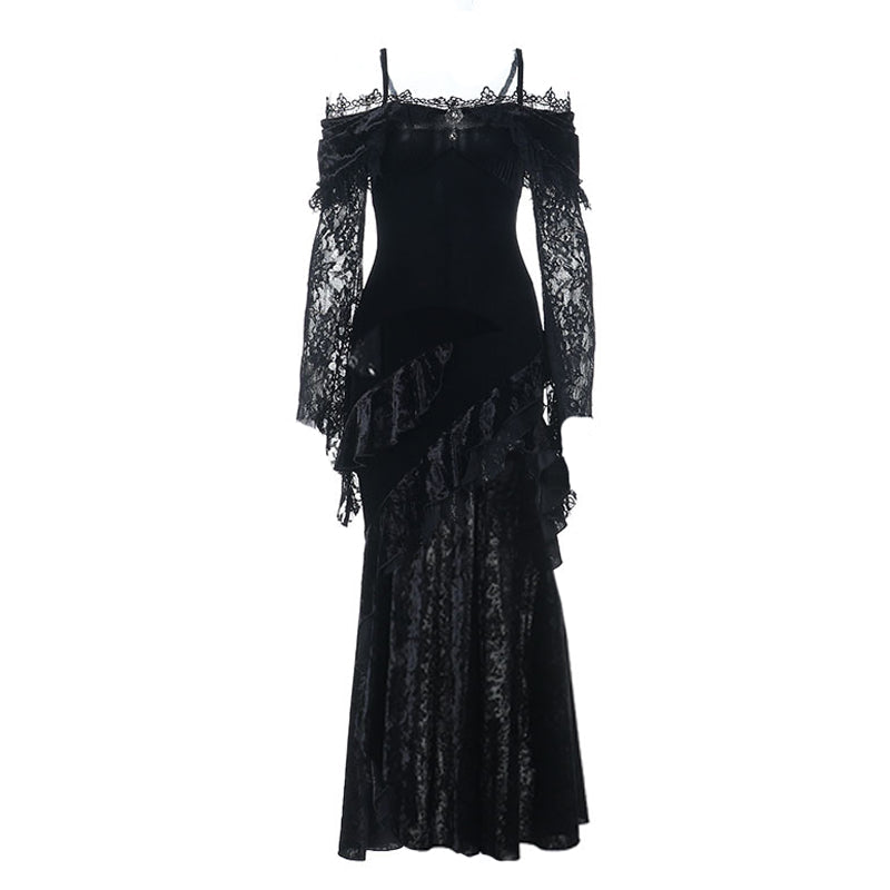 Bewitching Velvet & Lace Off-Shoulder Gown - Dramatic High-Low Hem for Gothic Glamour & Halloween