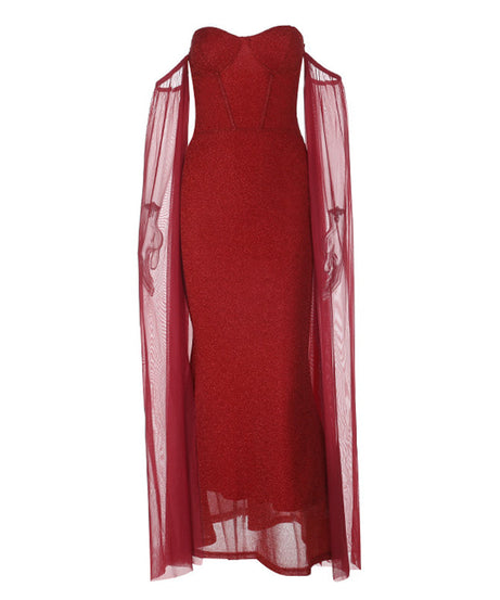 Glimmering Ruby Red Strapless Mermaid Gown with Dramatic Cape Sleeves - Holiday Party & New Year's Eve Ready