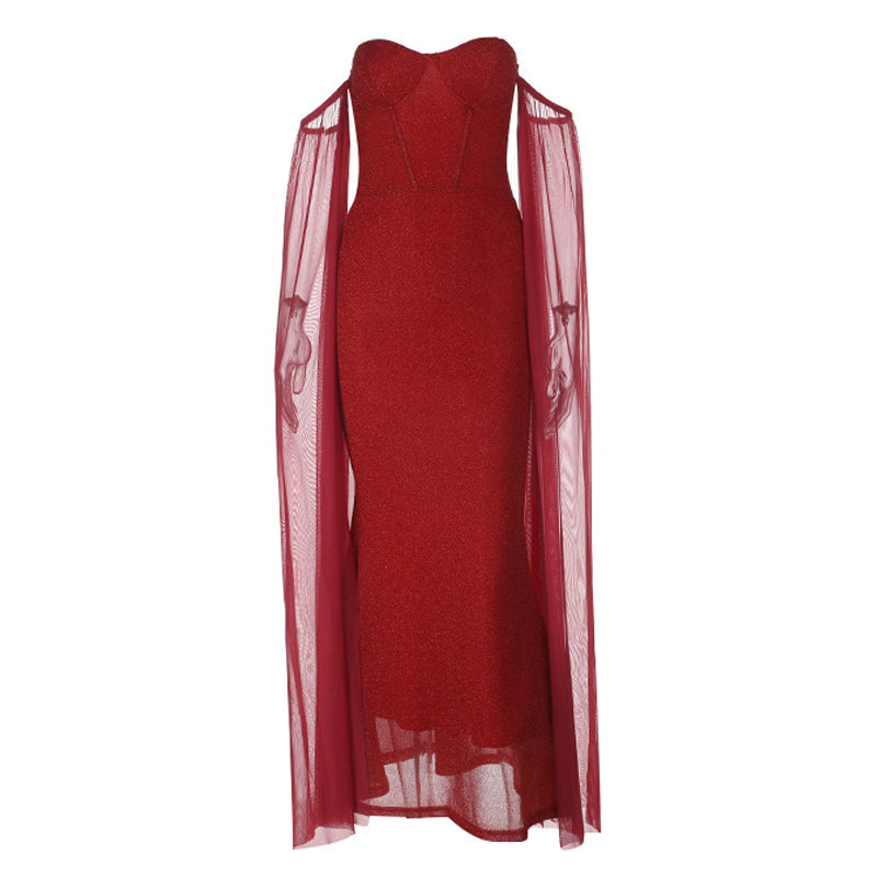 Glimmering Ruby Red Strapless Mermaid Gown with Dramatic Cape Sleeves - Holiday Party & New Year's Eve Ready