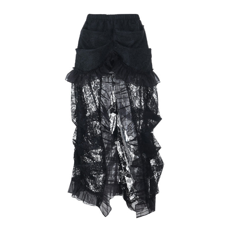 Haute Gothic Black Lace Hi-Lo Skirt | Victorian Ruffles for Halloween & Dark Romance