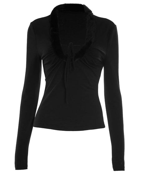 Glam Black Faux Fur Trim Long Sleeve Top - Chic Tie-Front Fall & Holiday Style
