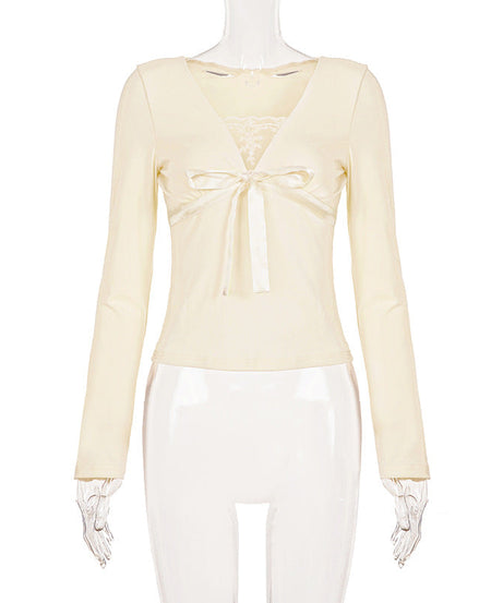 Romantic Ivory Lace & Bow V-Neck Top | Long Sleeve Coquette Chic for Fall