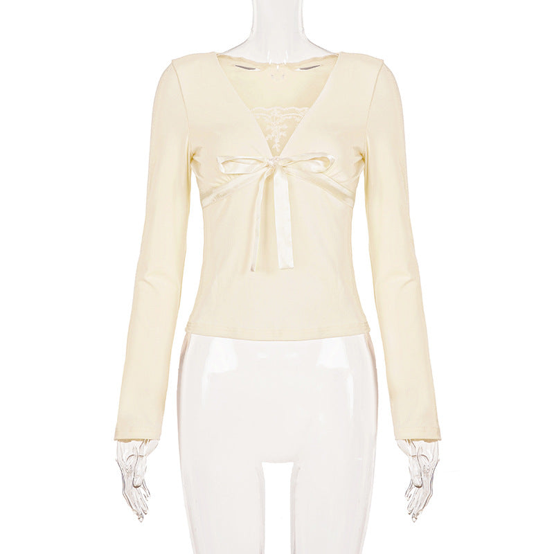 Romantic Ivory Lace & Bow V-Neck Top | Long Sleeve Coquette Chic for Fall