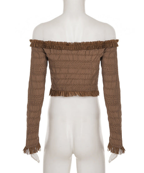 Autumn Allure: Off-Shoulder Smocked Ruffle Crop Top with Tie Front