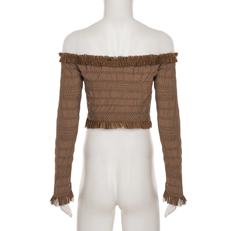 Autumn Allure: Off-Shoulder Smocked Ruffle Crop Top with Tie Front