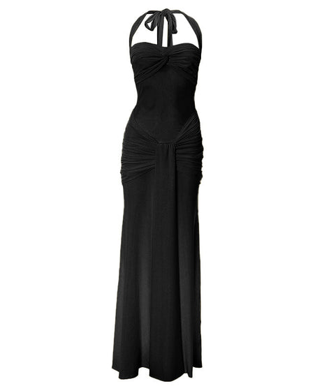 Effortless Glamour: Black Halter Ruched Maxi Dress – Perfect for Holiday & Gala Season