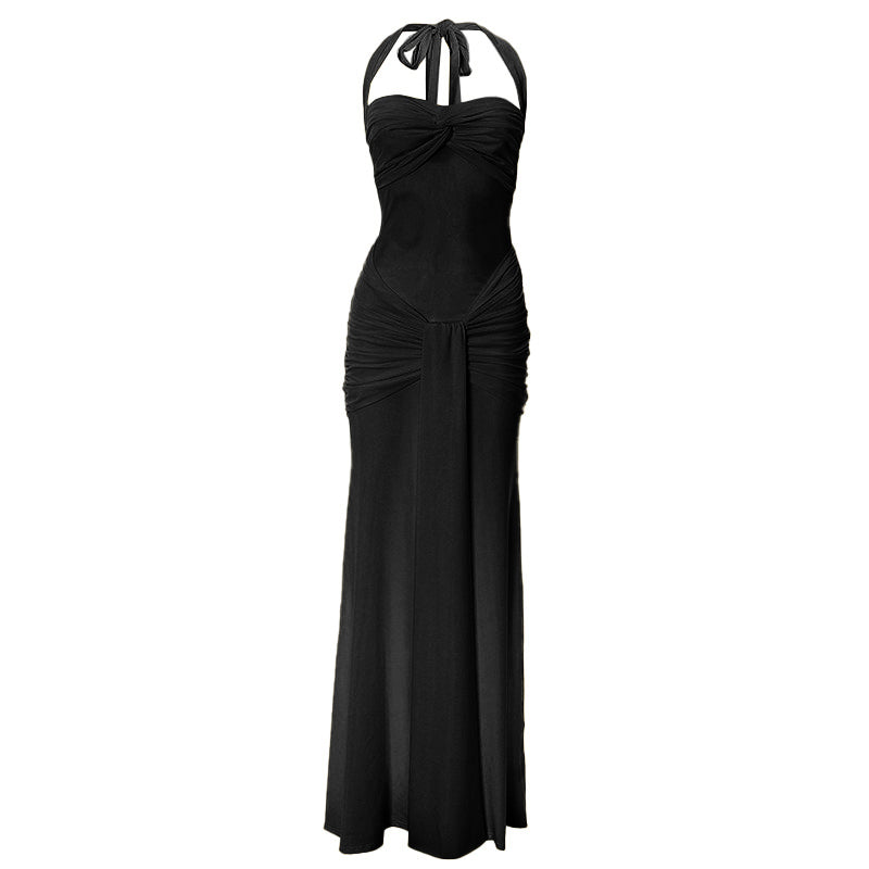 Effortless Glamour: Black Halter Ruched Maxi Dress – Perfect for Holiday & Gala Season