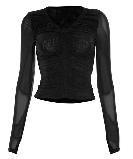 Sultry Espresso Mesh Ruched V-Neck Long Sleeve Top - Fall's Must-Have Layer