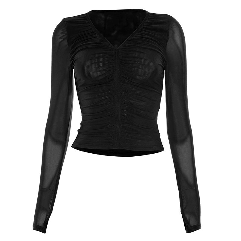 Sultry Espresso Mesh Ruched V-Neck Long Sleeve Top - Fall's Must-Have Layer