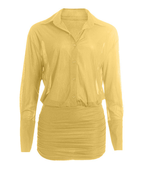 Fall Chic: Sheer Button-Down Ruched Mini Dress - Your Go-To for American Nights Out