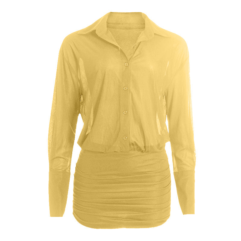 Fall Chic: Sheer Button-Down Ruched Mini Dress - Your Go-To for American Nights Out