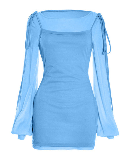 Y2K Chic Mint Green Sheer Sleeve Mini Dress with Tie Shoulders – Perfect for Fall Nights