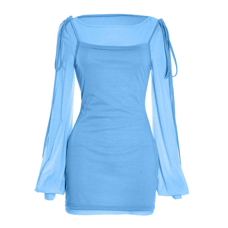 Y2K Chic Mint Green Sheer Sleeve Mini Dress with Tie Shoulders – Perfect for Fall Nights