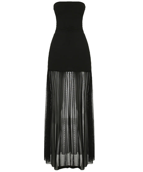 Glamorous Black Strapless Backless Maxi Dress with Sheer Skirt - Fall & Holiday Party Ready