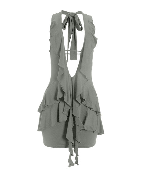 The Sassy LBD: Halter Ruffle Deep V Mini Dress for Fall Nights & Holiday Parties