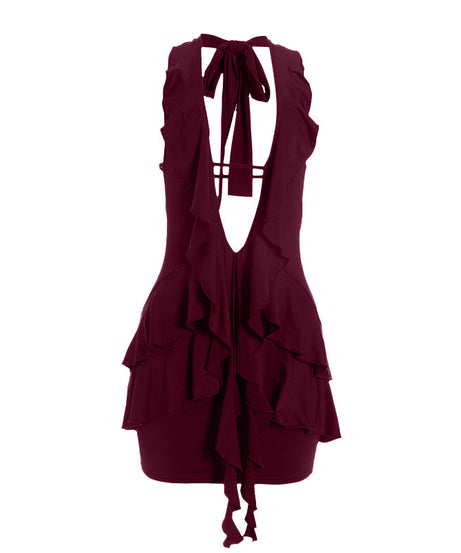 The Sassy LBD: Halter Ruffle Deep V Mini Dress for Fall Nights & Holiday Parties